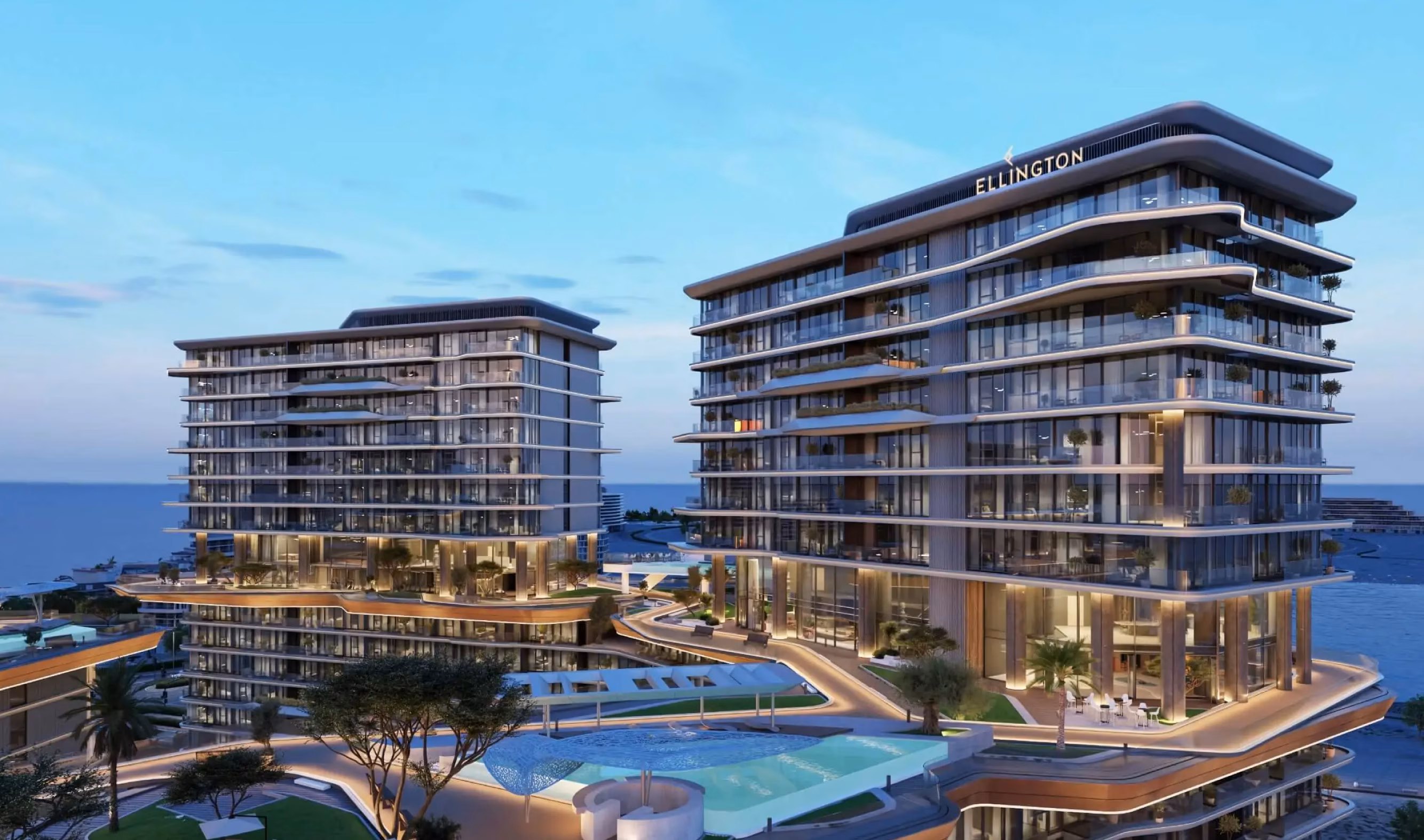 Costa Mare: residential towers above a landscaped pool terrace — rendering