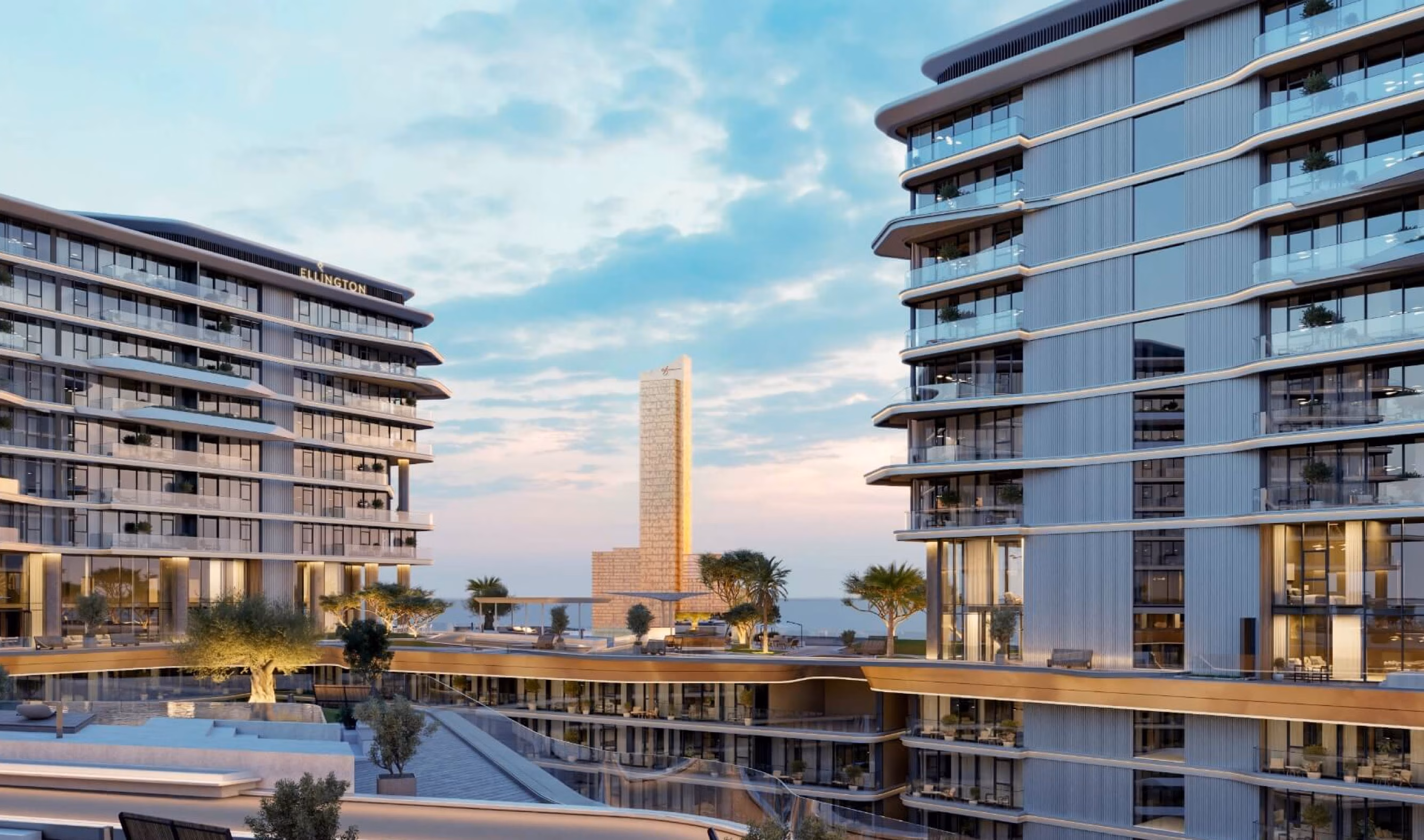Costa Mare: view between residential buildings toward the waterfront — rendering