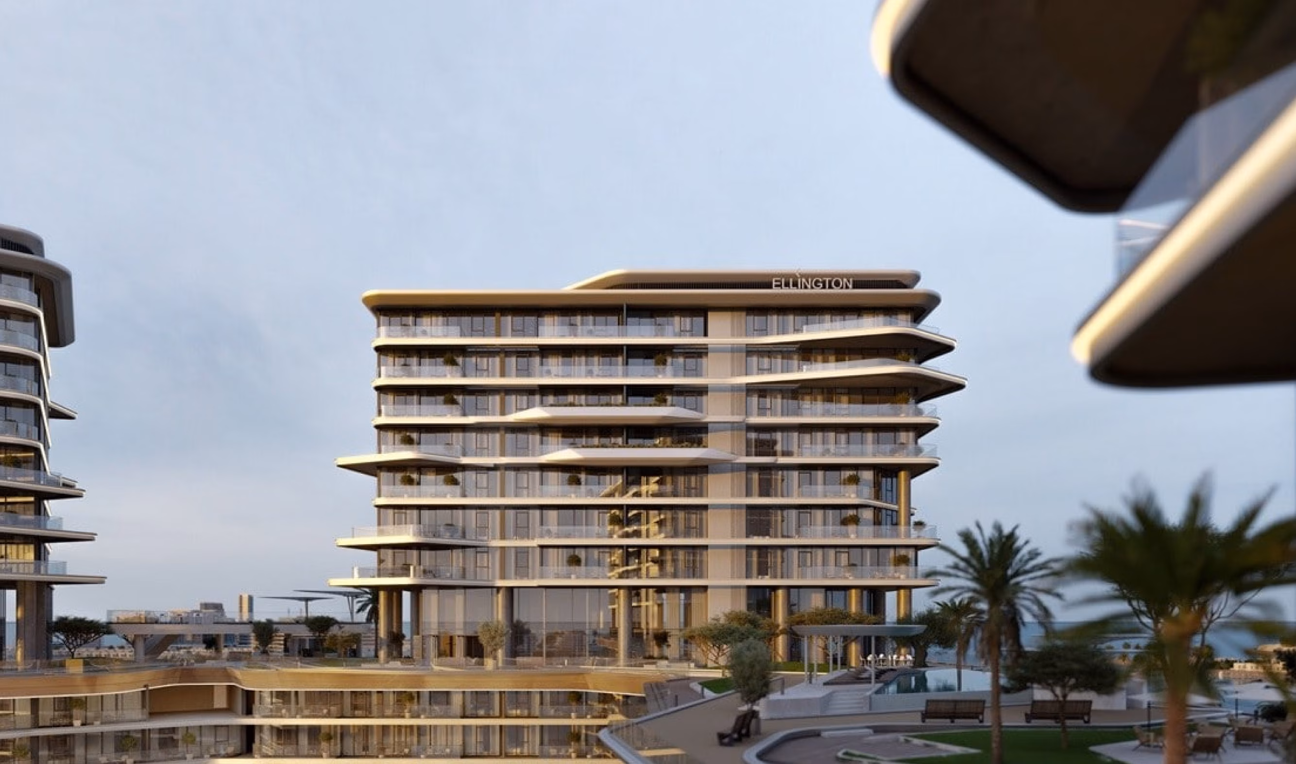 Costa Mare: low-angle view of a residential facade and balconies — rendering