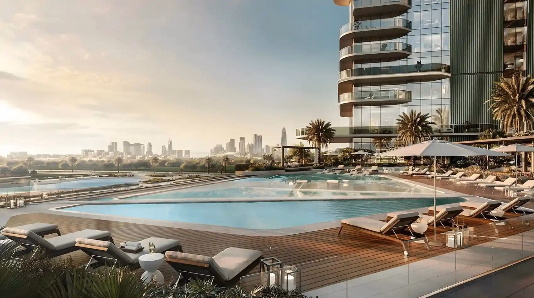 Costa Mare: pool terrace with loungers overlooking the coastline — rendering