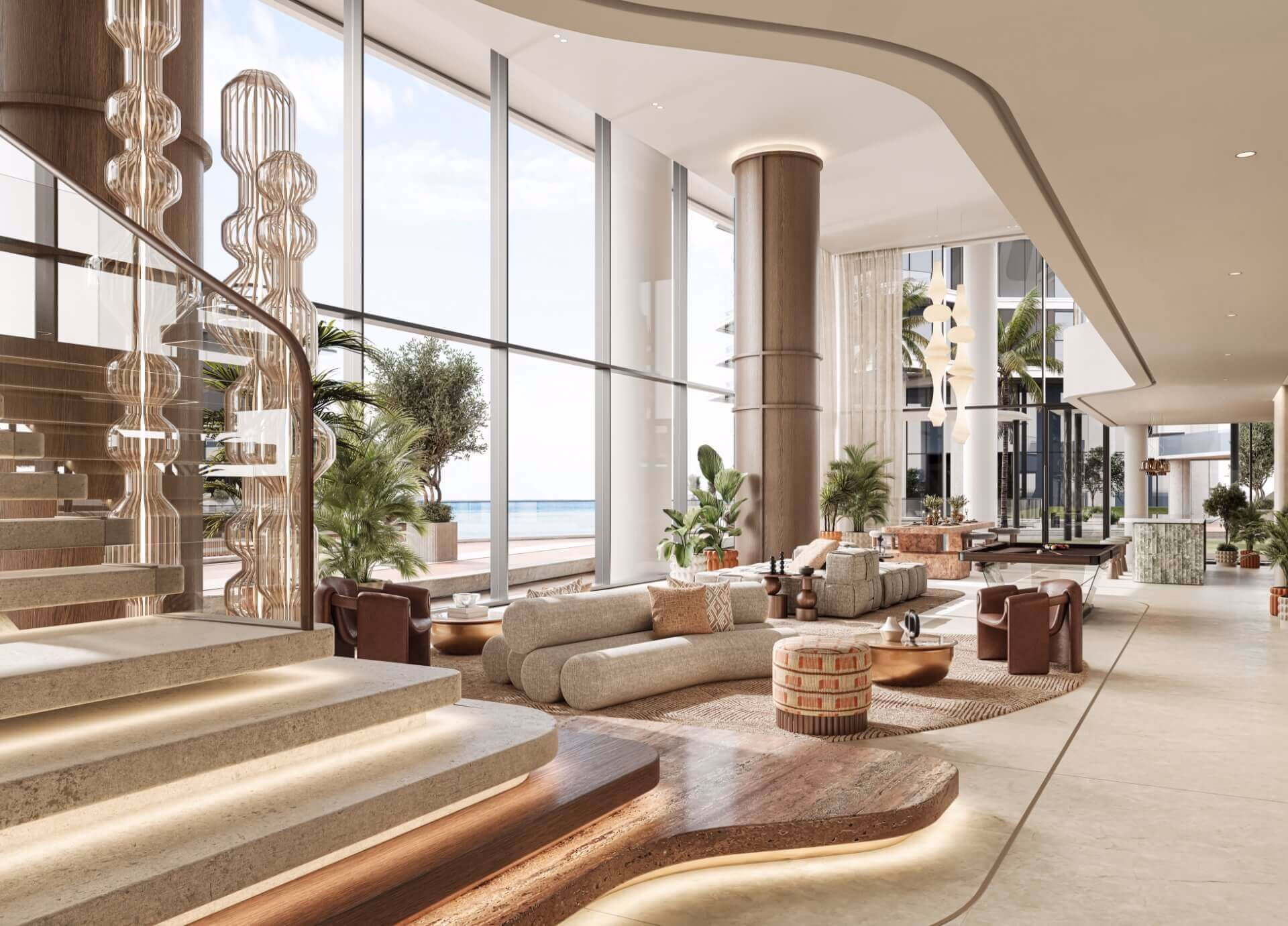 Costa Mare: bright lounge with high ceilings and tall windows — rendering
