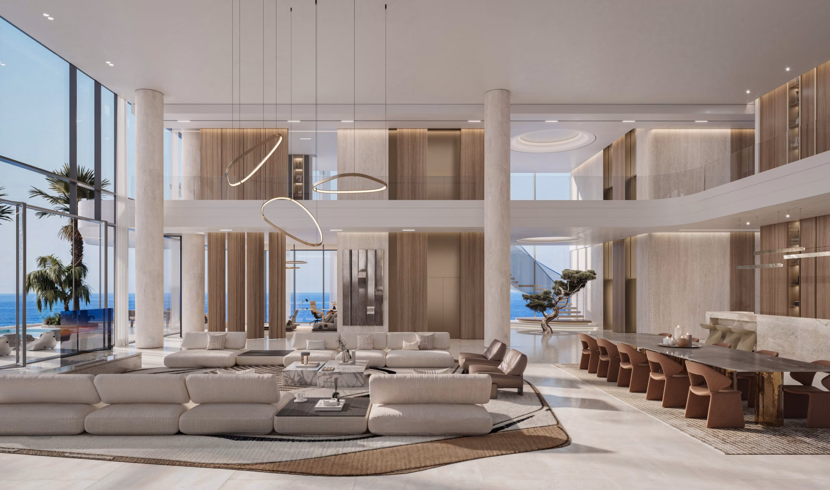 Costa Mare: double-height living room with mezzanine and dining area — rendering