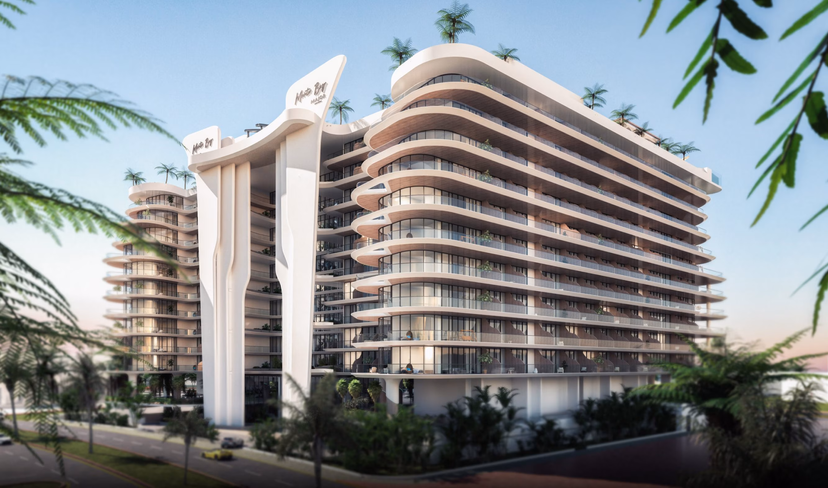 Manta Bay: residential building with rounded balconies and palm landscaping — rendering