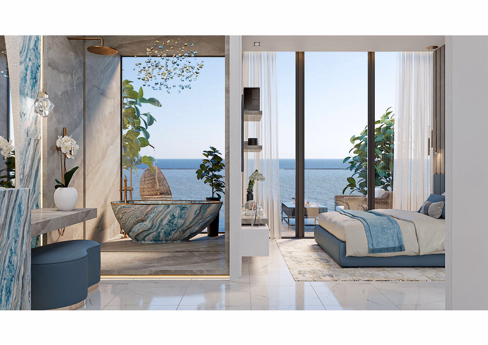 Manta Bay: bedroom opening onto a sea-facing balcony — rendering