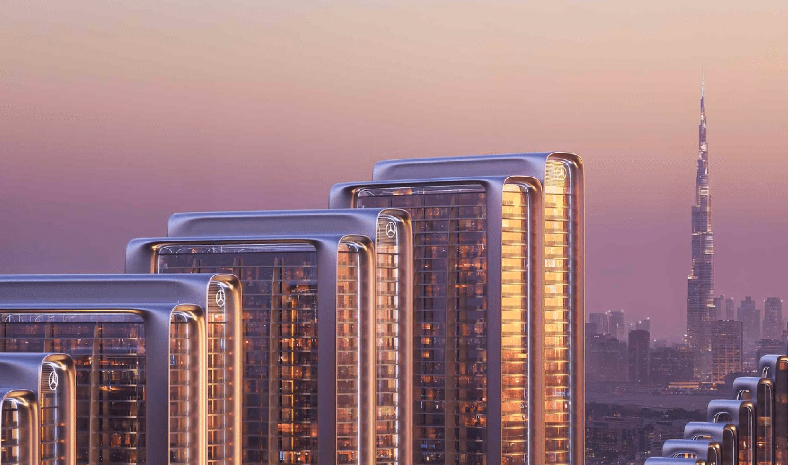 Mercedes-Benz Places Binghatti City: stepped tower rooftops against the dubai skyline — rendering