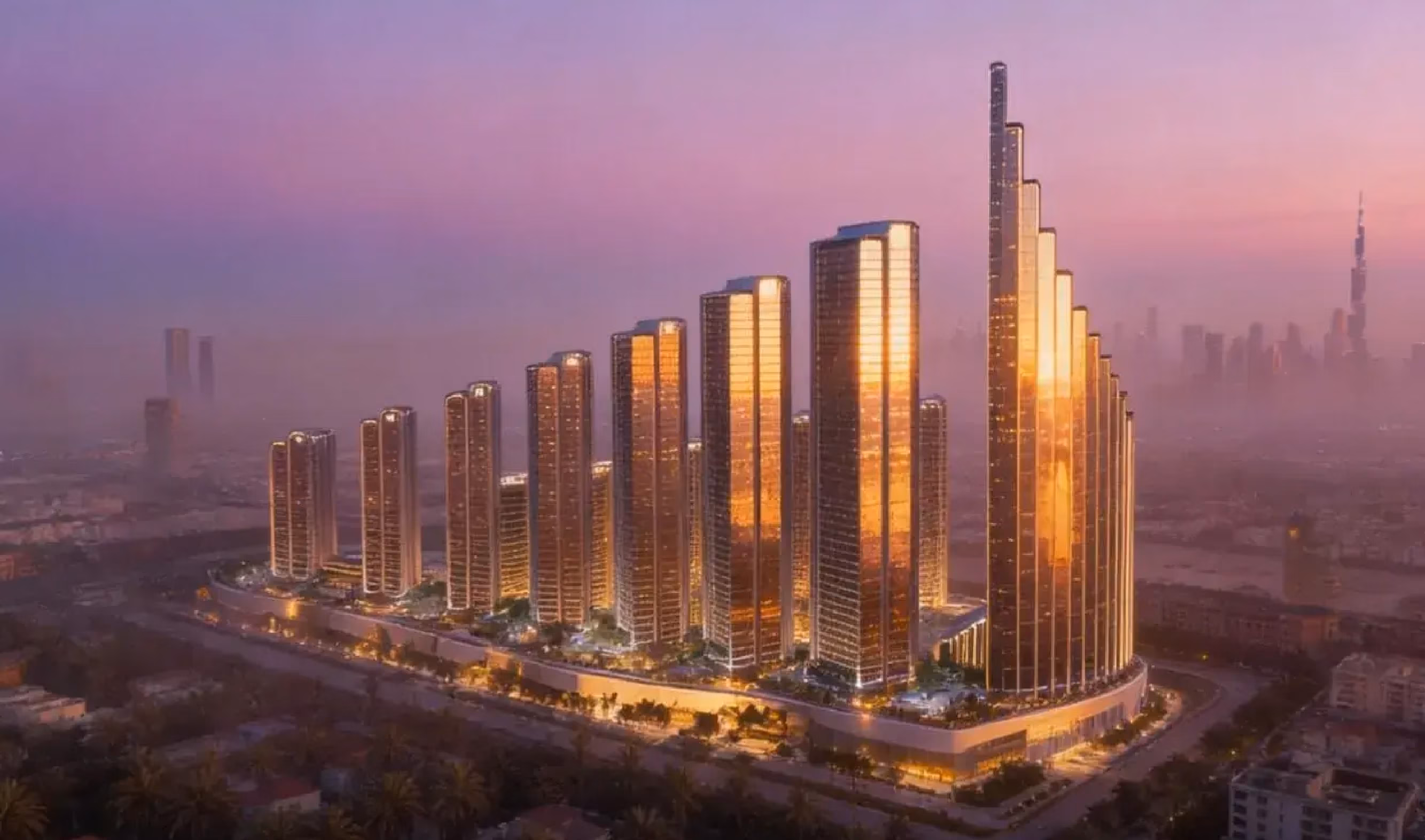 Mercedes-Benz Places Binghatti City: line of residential towers at sunset — rendering