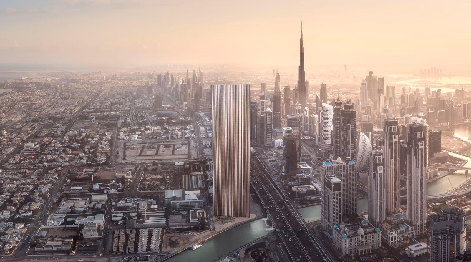 Muraba Veil: aerial view of the tower and surrounding city at sunset — rendering