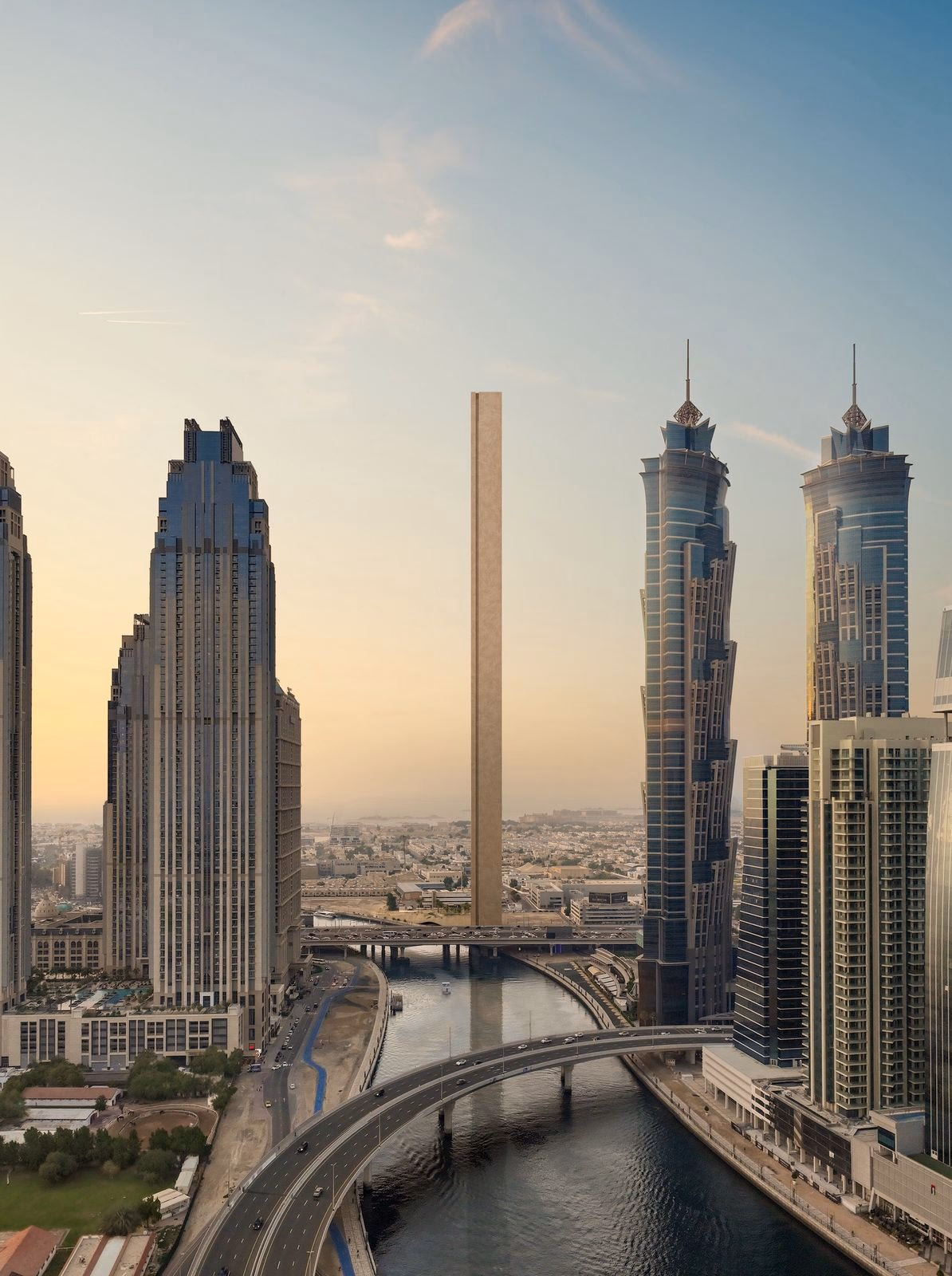 Muraba Veil: slender tower framed by nearby high-rise buildings — rendering