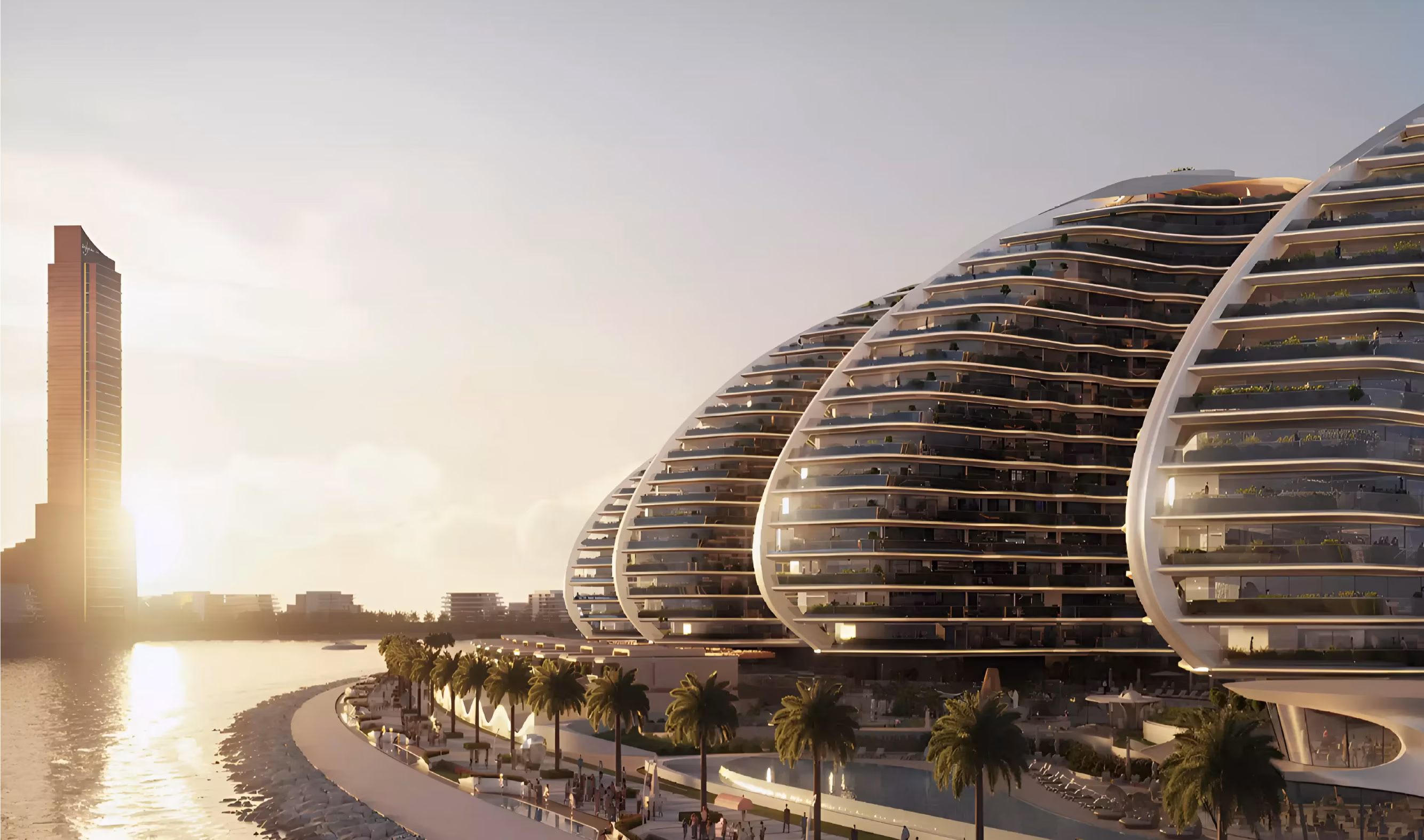 Oystra: curved building facades and a waterfront promenade at sunset — rendering