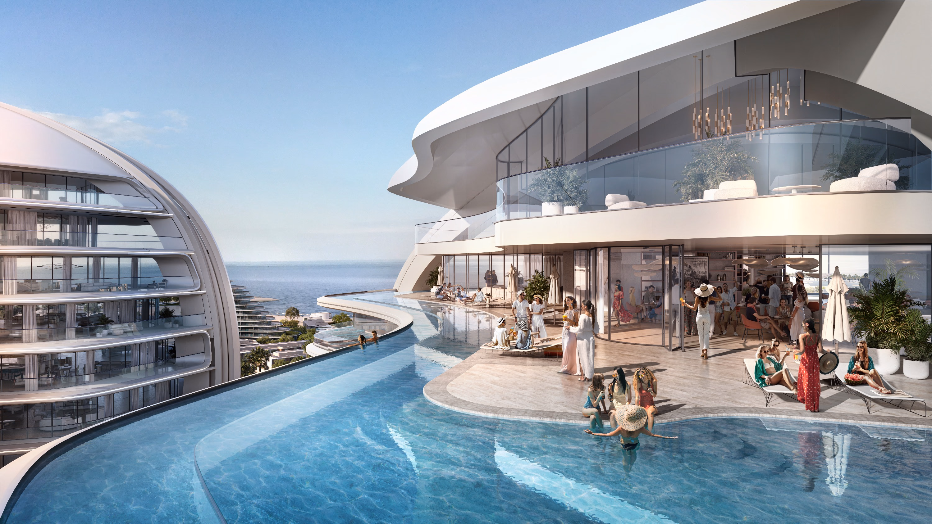 Oystra: swimming pool terrace between curved buildings — rendering