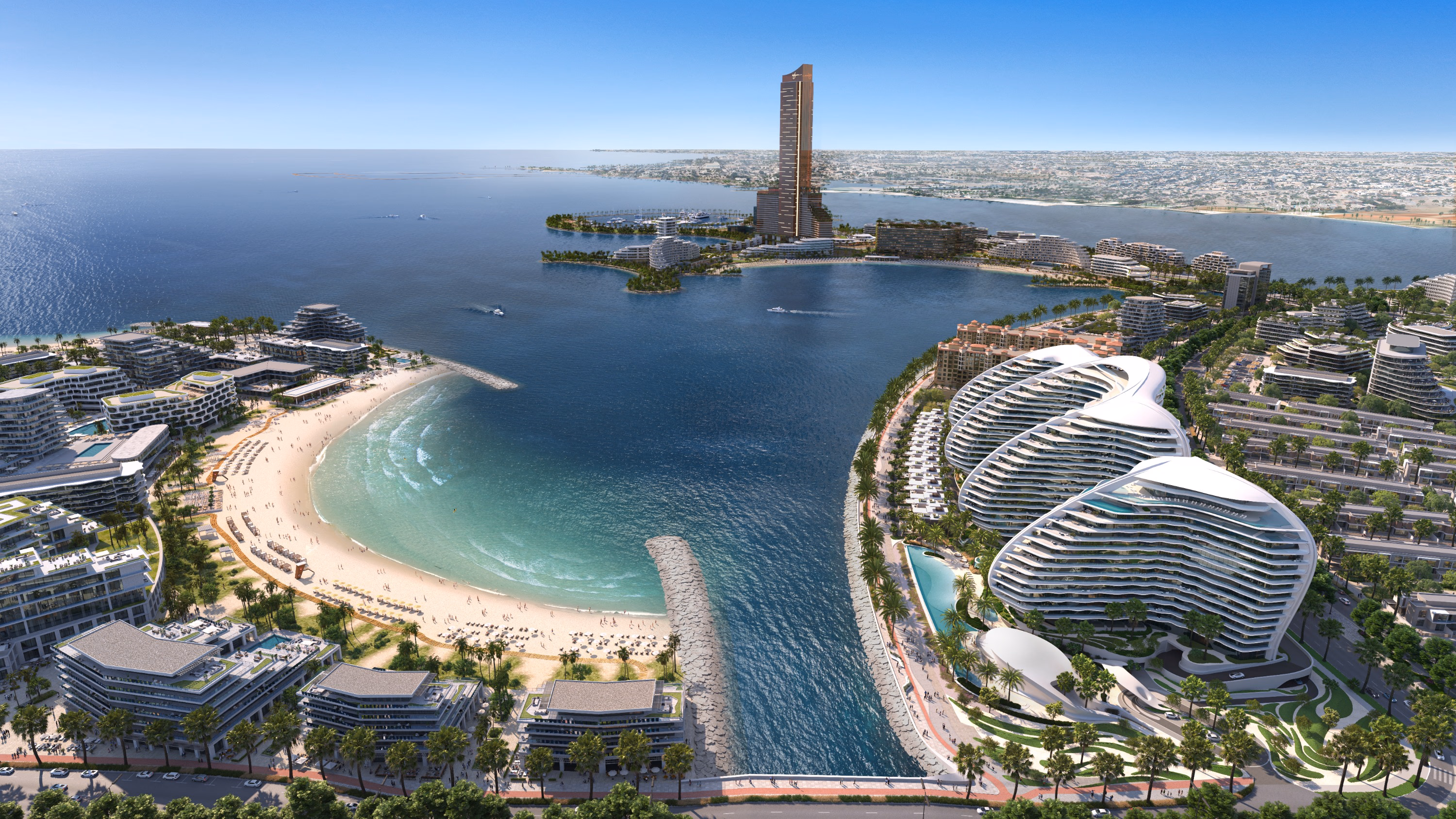 Oystra: aerial view of the crescent-shaped shoreline and residential buildings — rendering