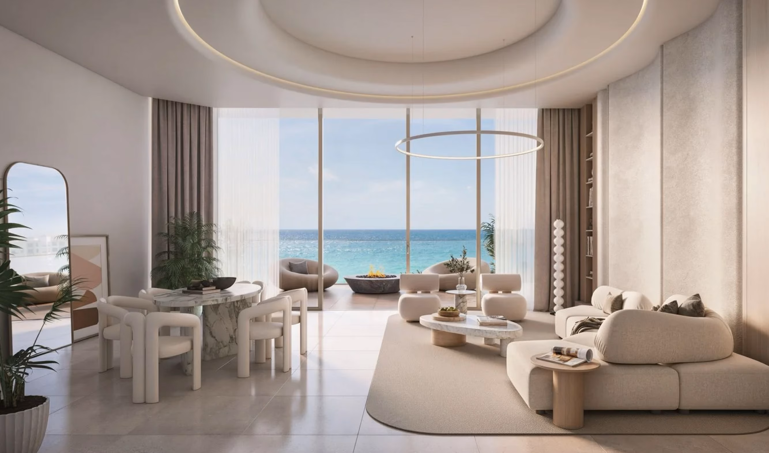 Oystra: living and dining room with sea-facing windows — rendering