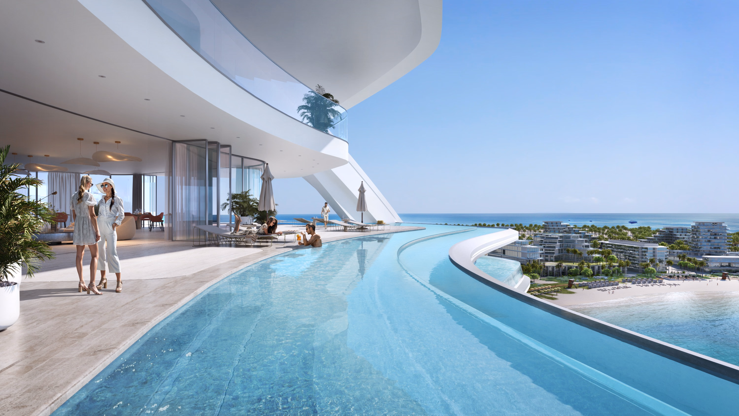Oystra: curving outdoor pool beside a shaded terrace — rendering