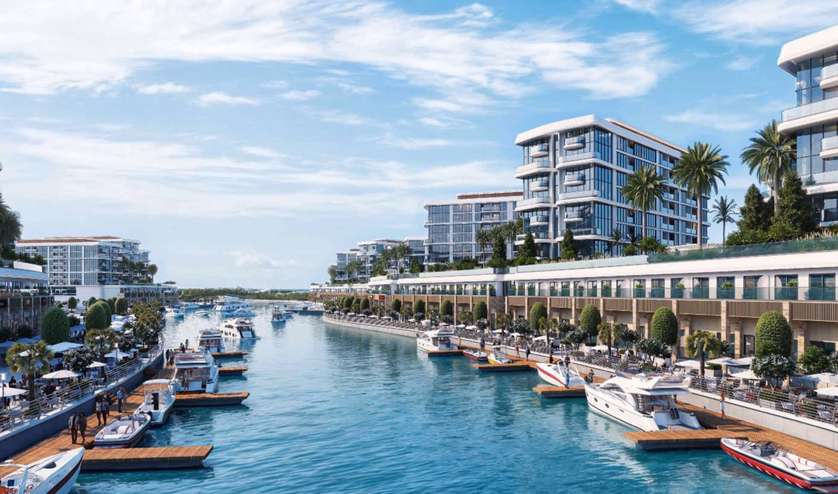 Starline Beach Residences: waterway and marina promenade between residential buildings — rendering