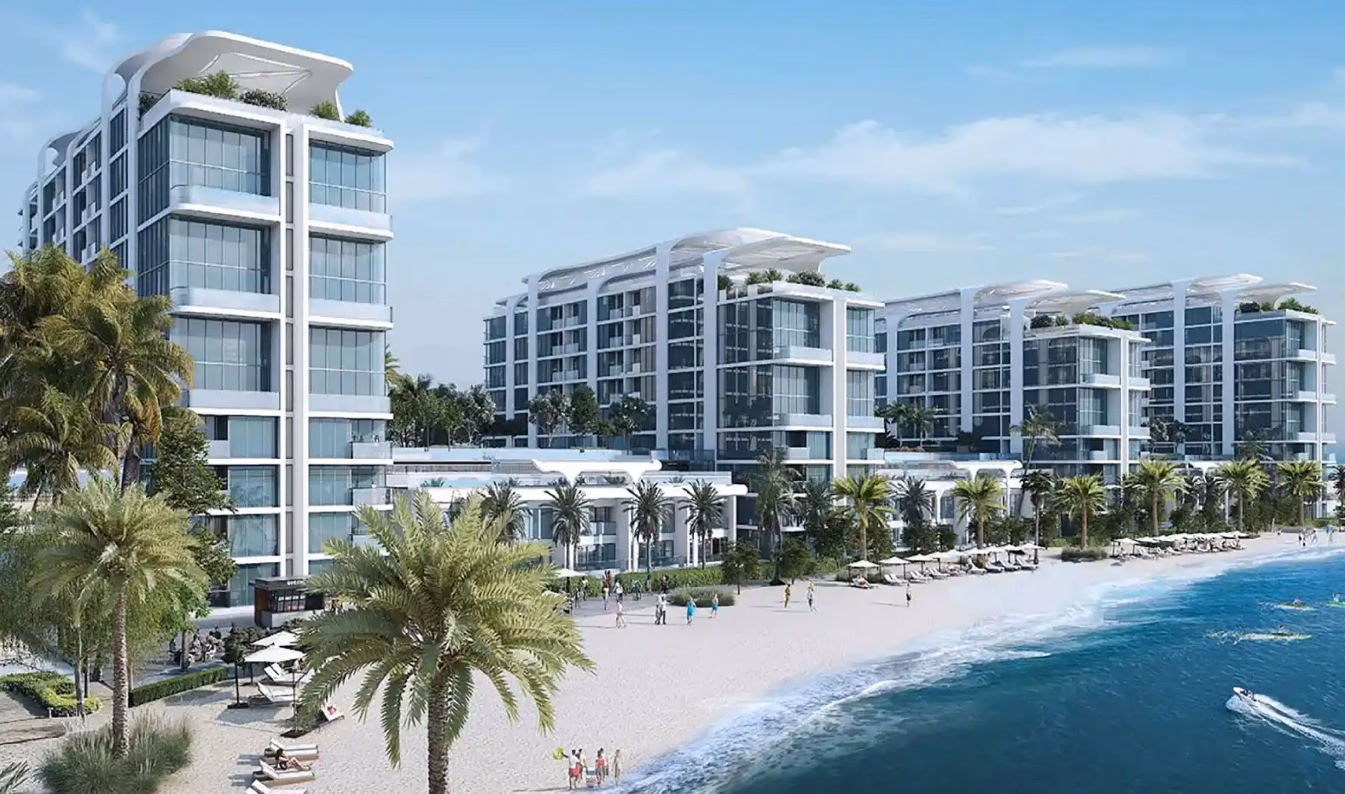 Starline Beach Residences: beachfront residences beside palms and sand — rendering