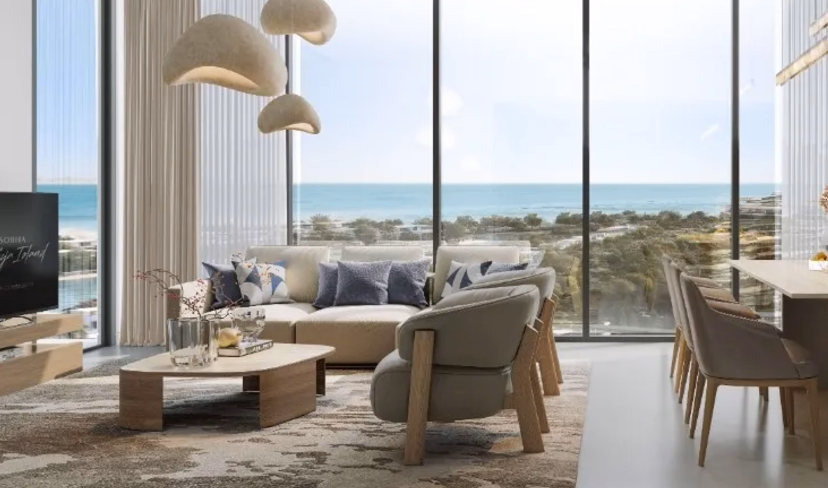 Starline Beach Residences: living room with large windows and a coastal outlook — rendering
