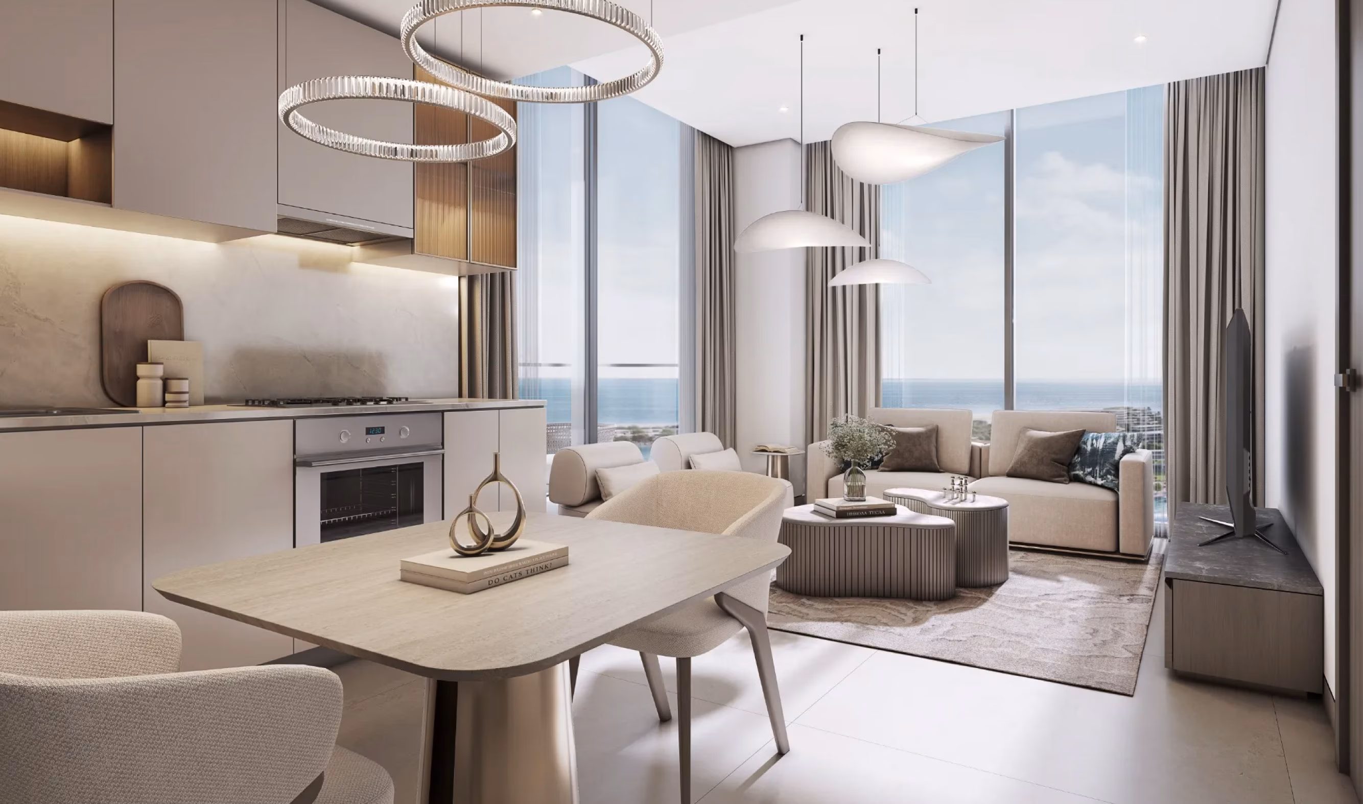 Starline Beach Residences: open-plan dining area and kitchen with floor-to-ceiling windows — rendering